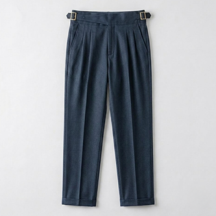 Pleated Wool Blend Trousers with Asymmetric Waistband