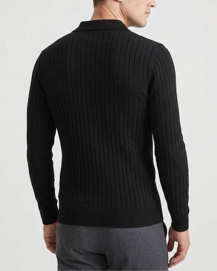 Textured Ribbed Knit Polo Shirt with Open Placket