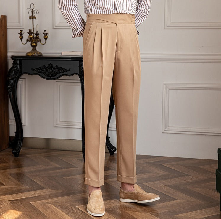 High-Waisted Double-Pleat Wool Blend Trousers