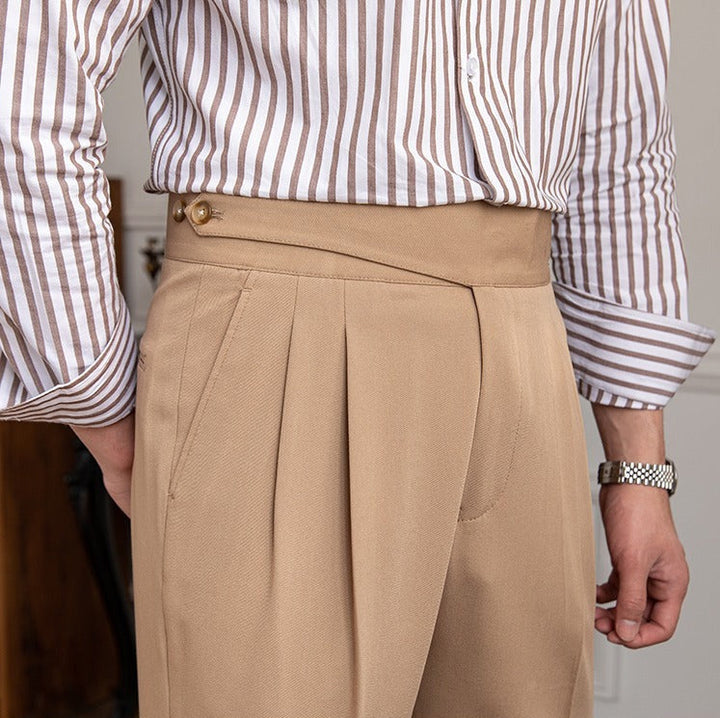 High-Waisted Double-Pleat Wool Blend Trousers