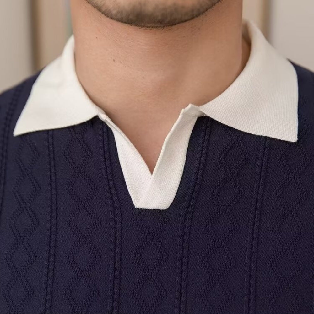Contrast Collar Textured Knit Polo Shirt