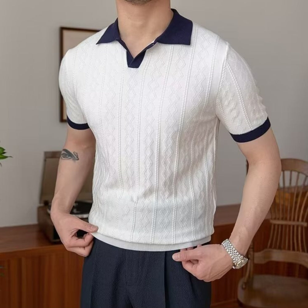 Contrast Collar Textured Knit Polo Shirt
