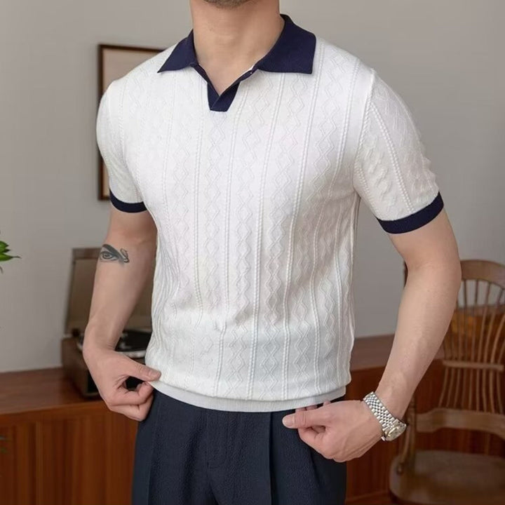 Contrast Collar Textured Knit Polo Shirt