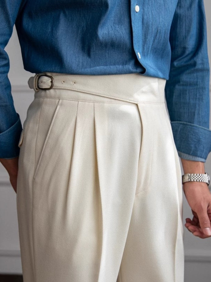 High-Rise Pleated Trousers with Cross-Belt Detail