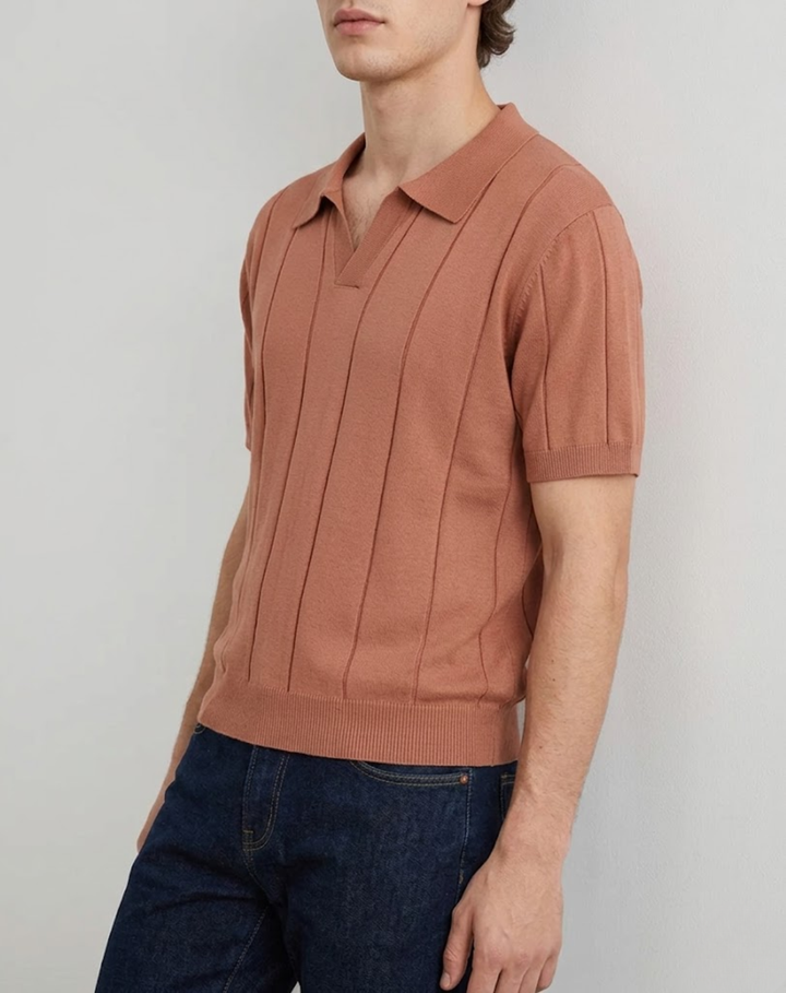 Stretch Knit Polo Shirt with Open Collar