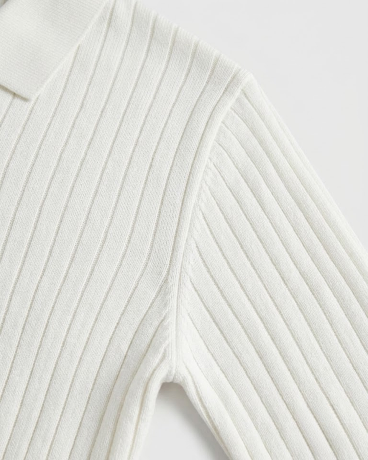 Textured Ribbed Knit Polo Shirt with Open Placket