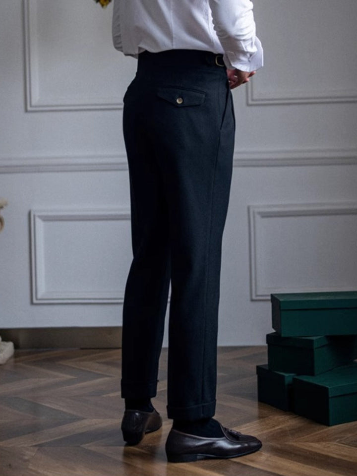 High-Rise Pleated Trousers with Cross-Belt Detail