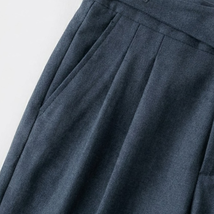 Pleated Wool Blend Trousers with Asymmetric Waistband