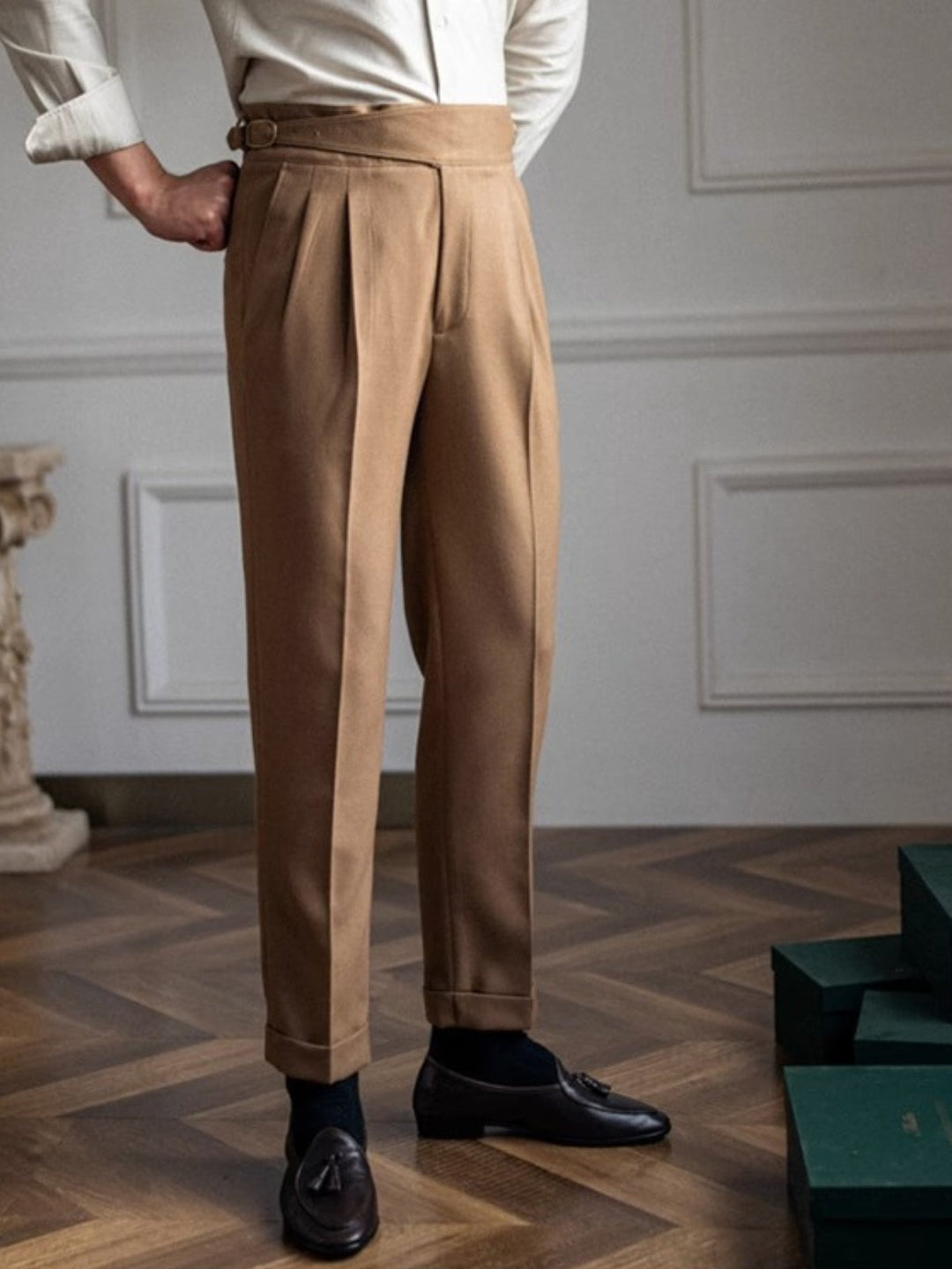 High-Rise Pleated Trousers with Cross-Belt Detail