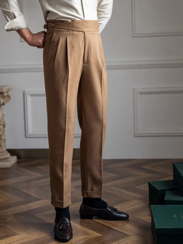 High-Rise Pleated Trousers with Cross-Belt Detail