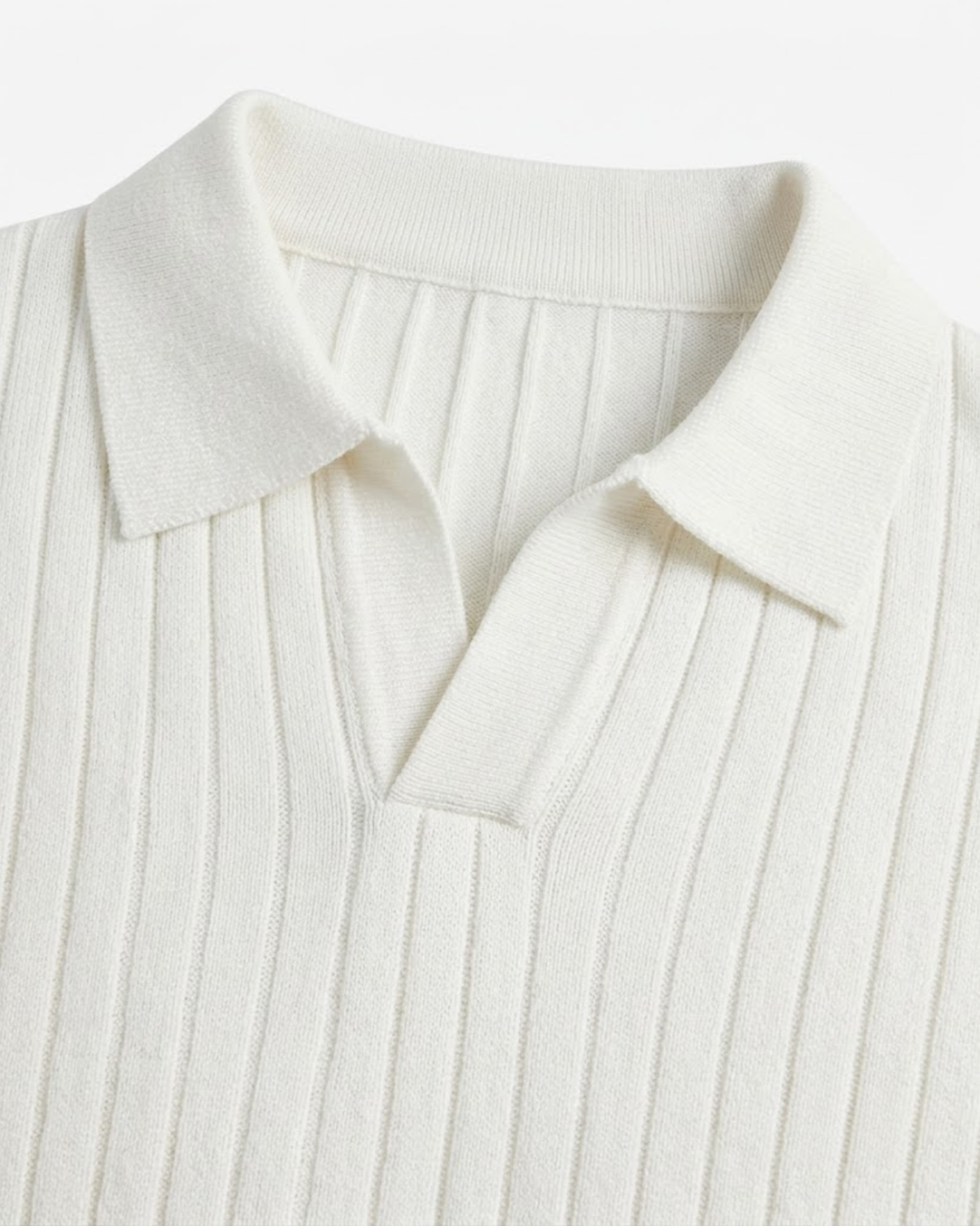 Textured Ribbed Knit Polo Shirt with Open Placket