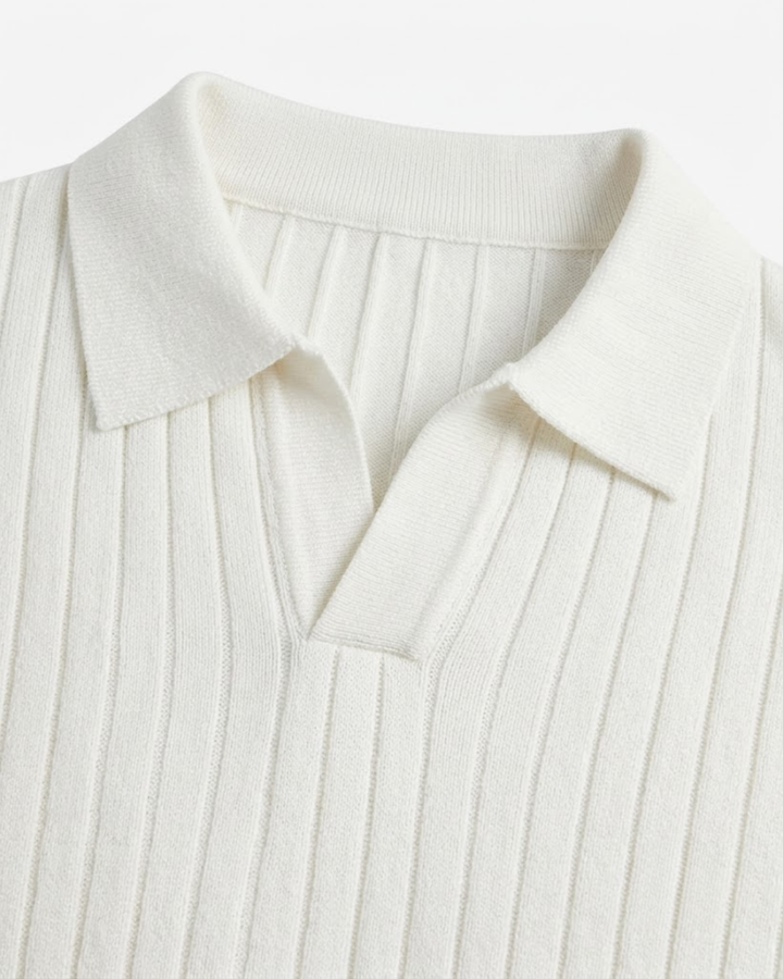 Textured Ribbed Knit Polo Shirt with Open Placket