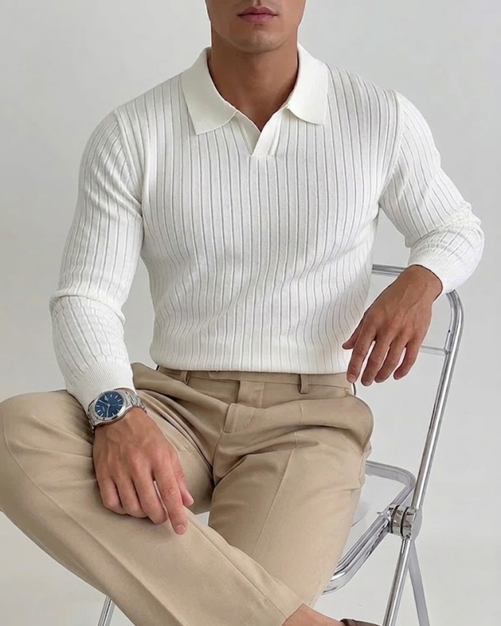 Textured Ribbed Knit Polo Shirt with Open Placket