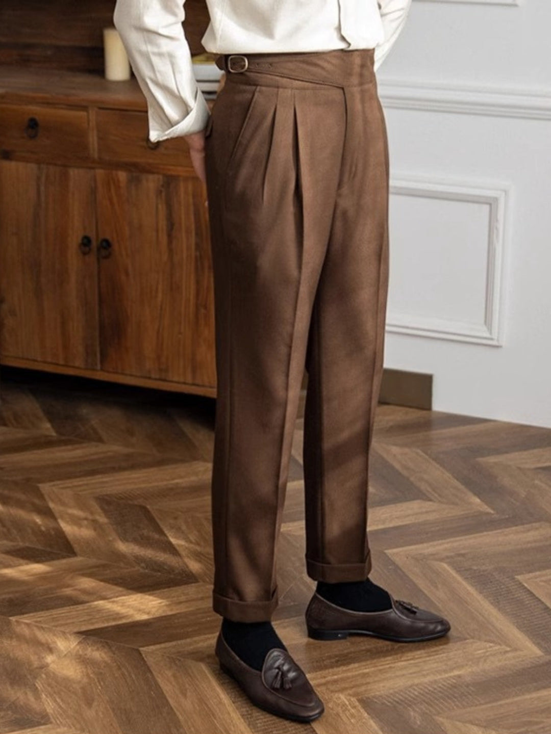 High-Rise Pleated Trousers with Cross-Belt Detail