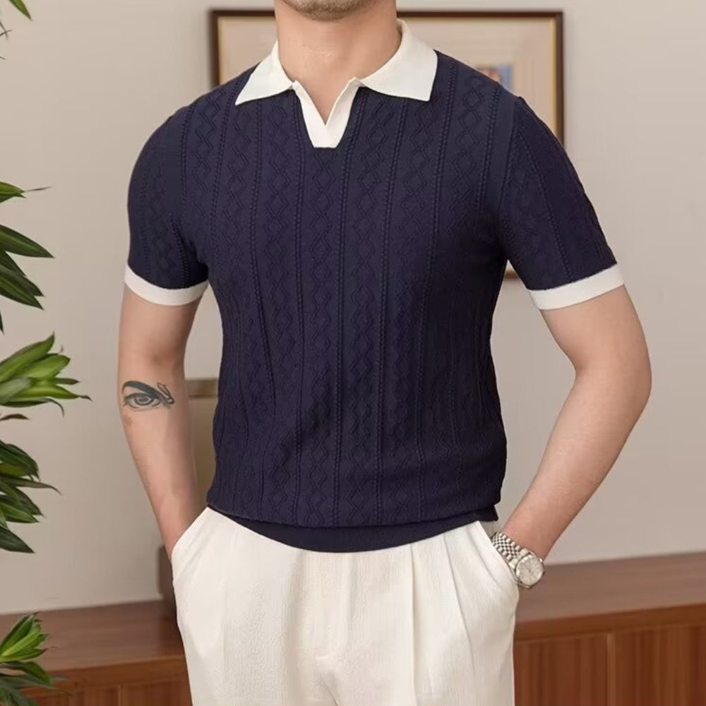 Contrast Collar Textured Knit Polo Shirt