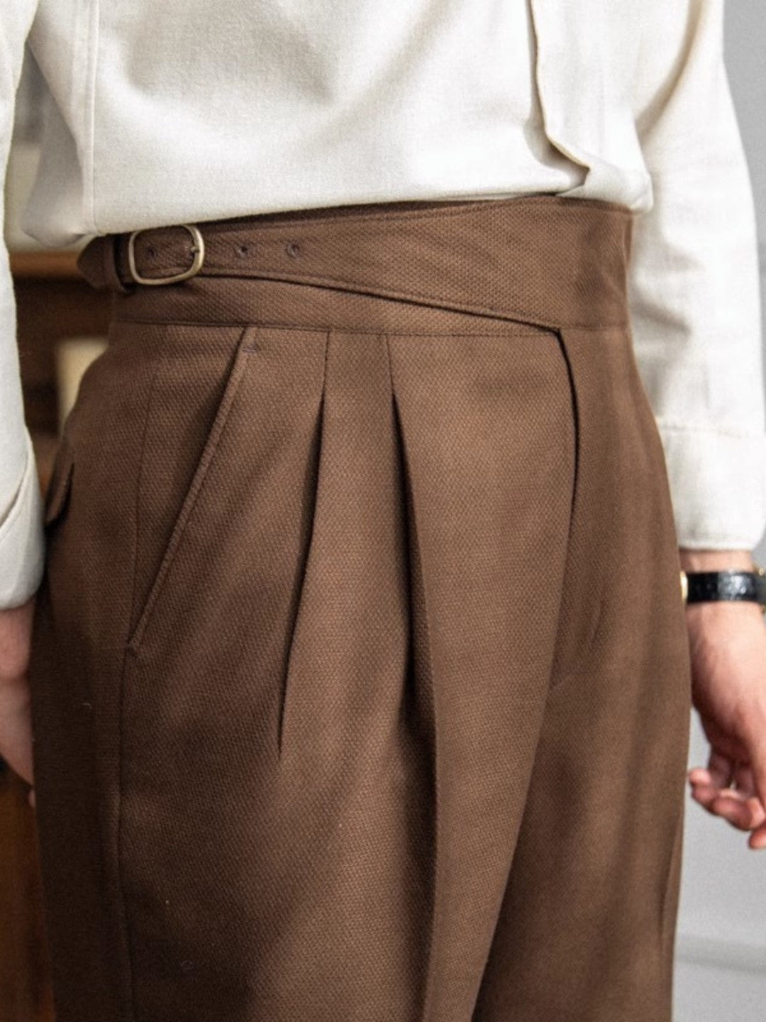 High-Rise Pleated Trousers with Cross-Belt Detail