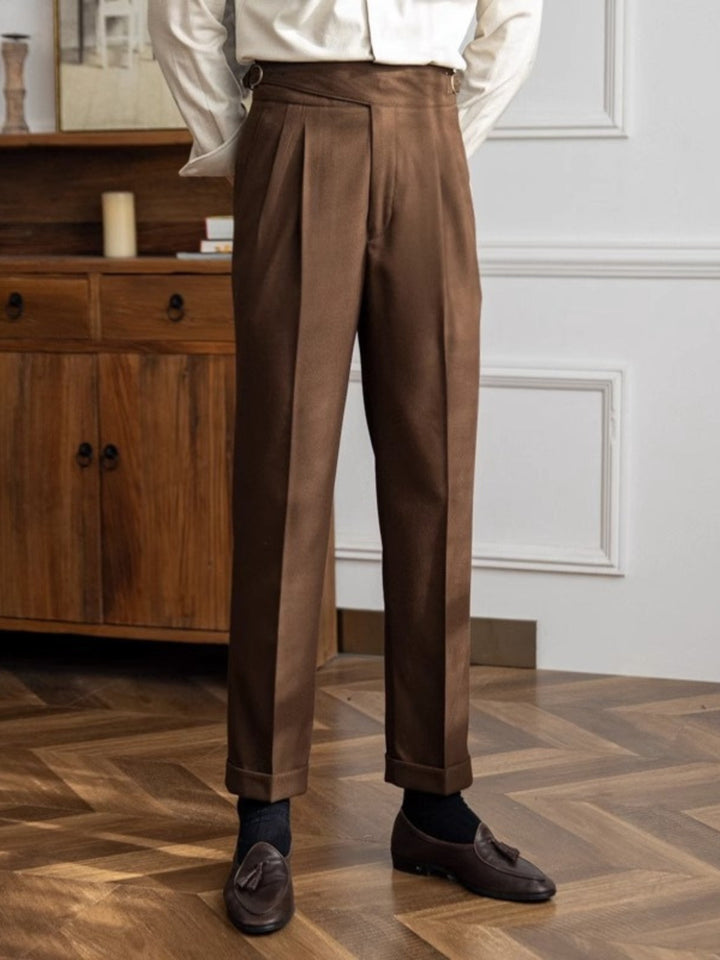 High-Rise Pleated Trousers with Cross-Belt Detail