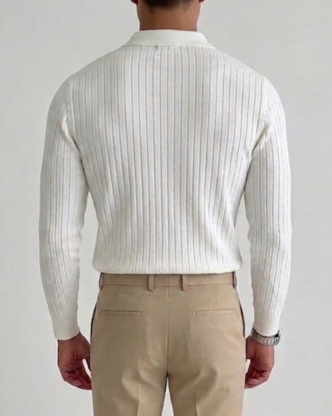 Textured Ribbed Knit Polo Shirt with Open Placket
