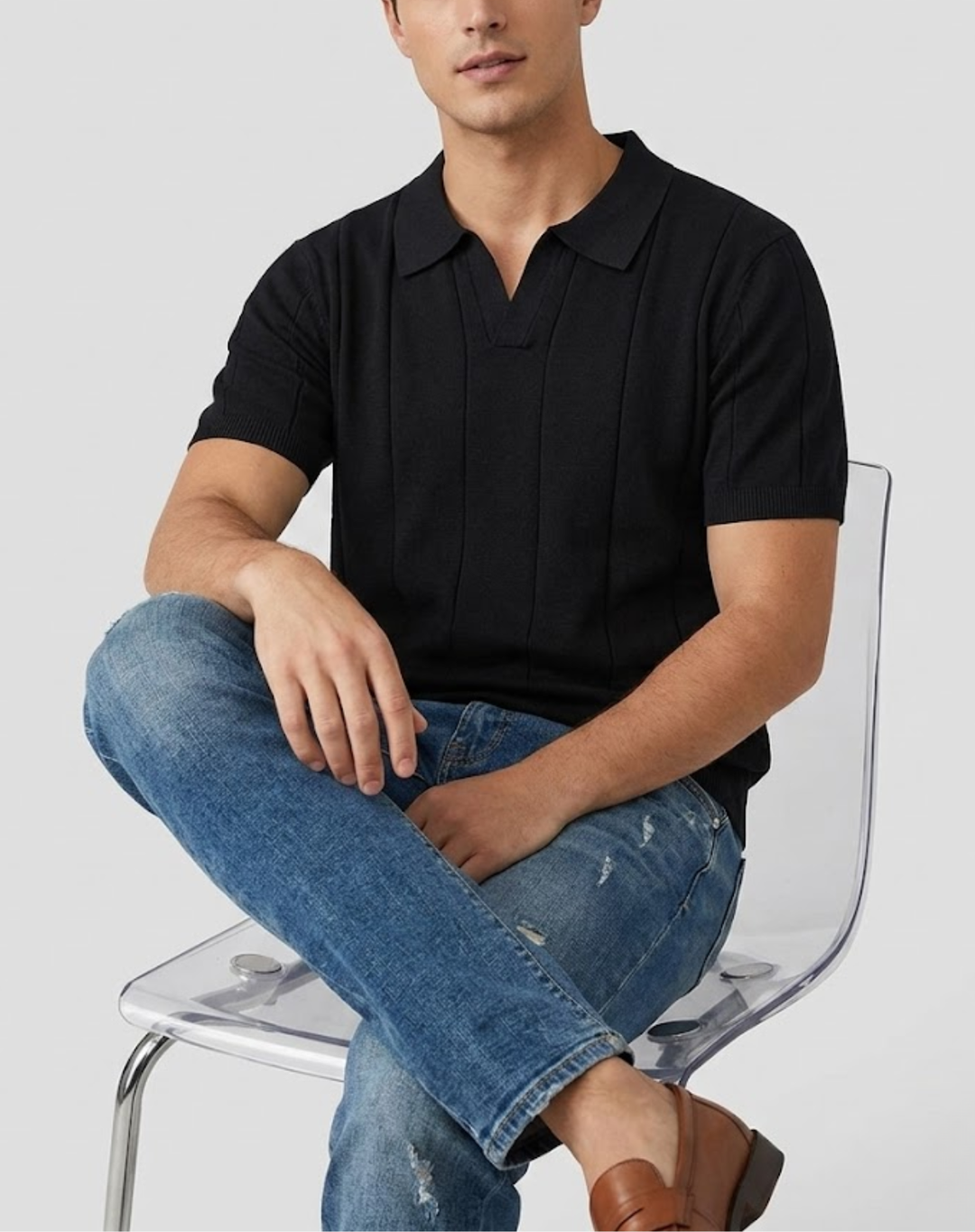 Stretch Knit Polo Shirt with Open Collar
