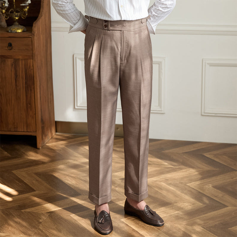 Lightweight Wool Pleated Trousers with Adjustable Waist