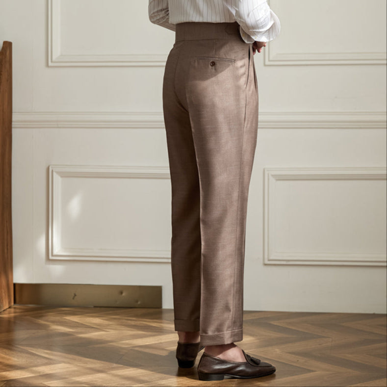 Lightweight Wool Pleated Trousers with Adjustable Waist