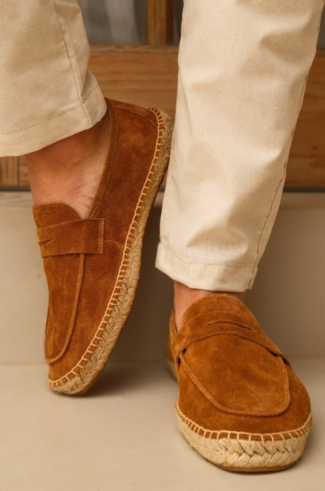 Chestnut Suede Penny Loafers with Woven Sole