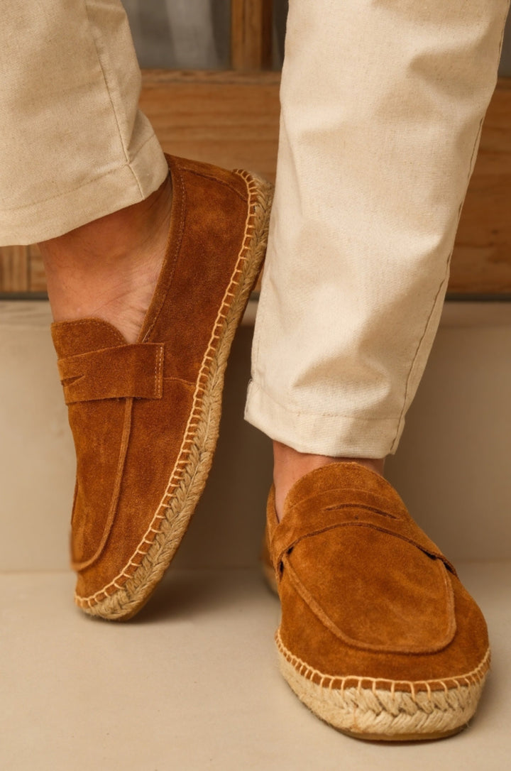 Chestnut Suede Penny Loafers with Woven Sole