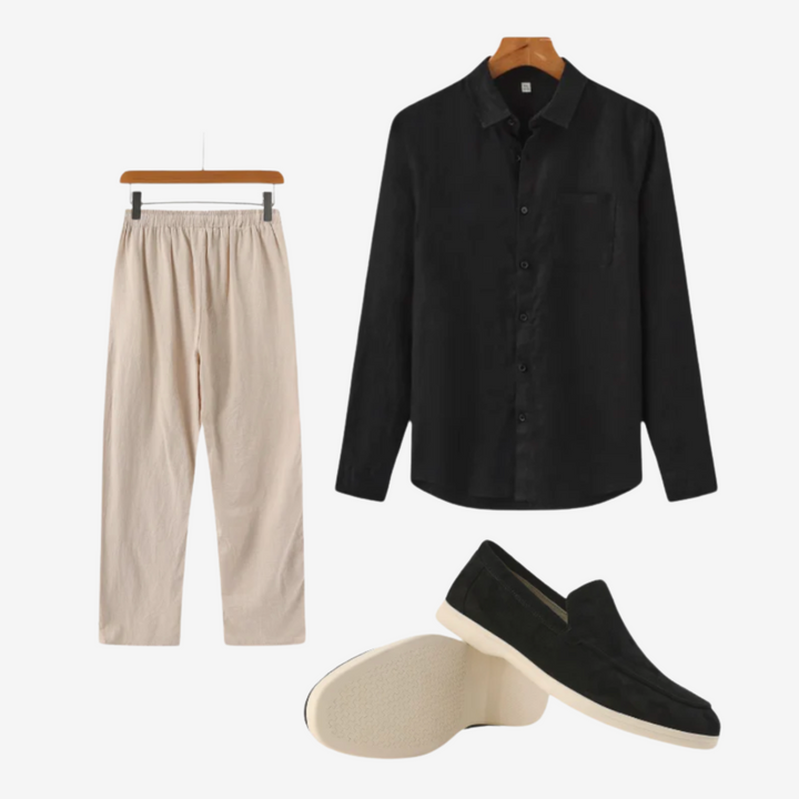 Men’s Linen Shirt & Trousers Set with Suede Loafers