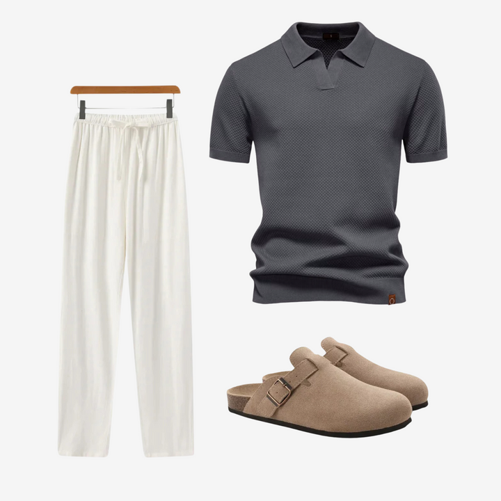 Men’s Knit Polo, Linen Pants & Suede Clogs Set