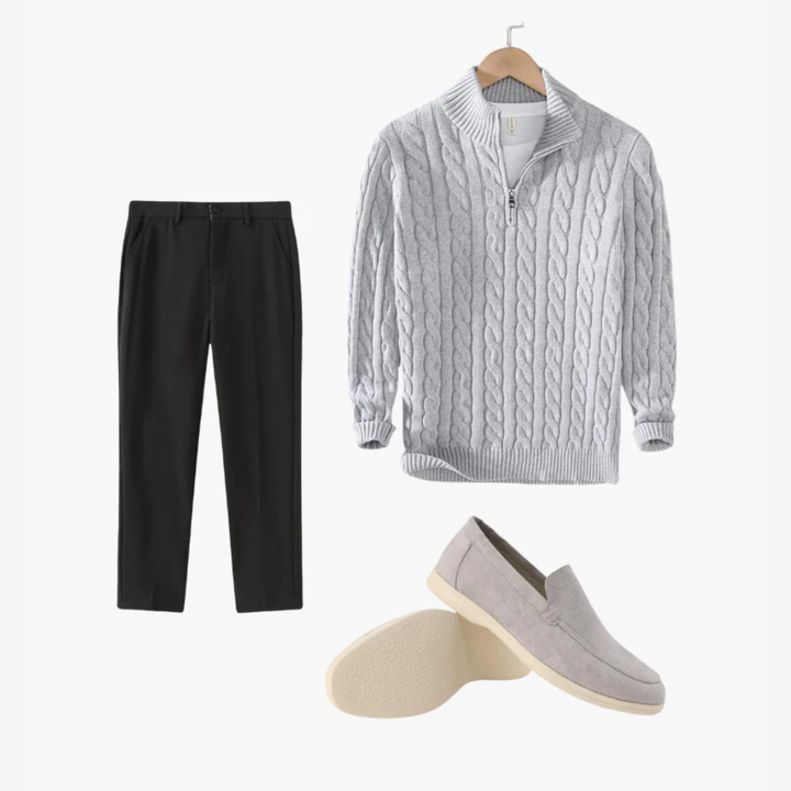 Men’s Quarter-Zip, Relaxed Trousers & Suede Loafers – 3-Piece Outfit
