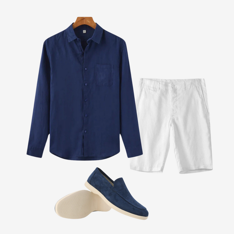 Men’s Linen Shirt & Shorts Set with Suede Loafers