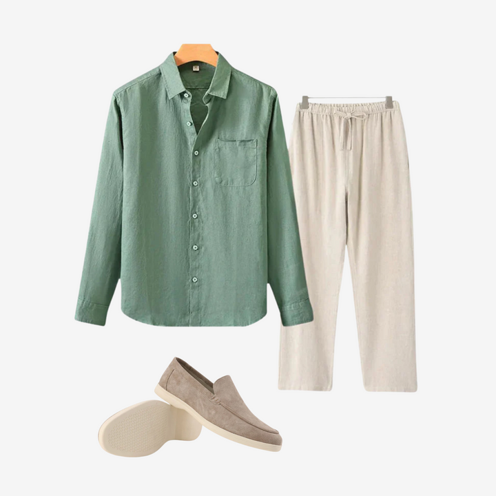 Men’s Linen Shirt & Pants Set with Suede Loafers