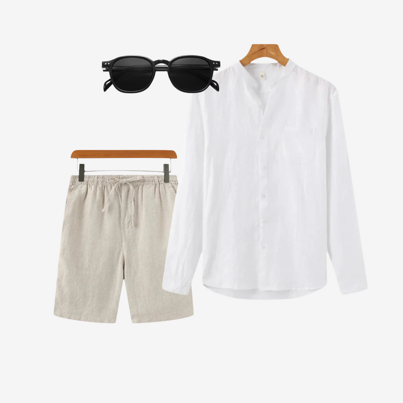 Men’s Linen Shirt & Shorts Set with Polarised Sunglasses