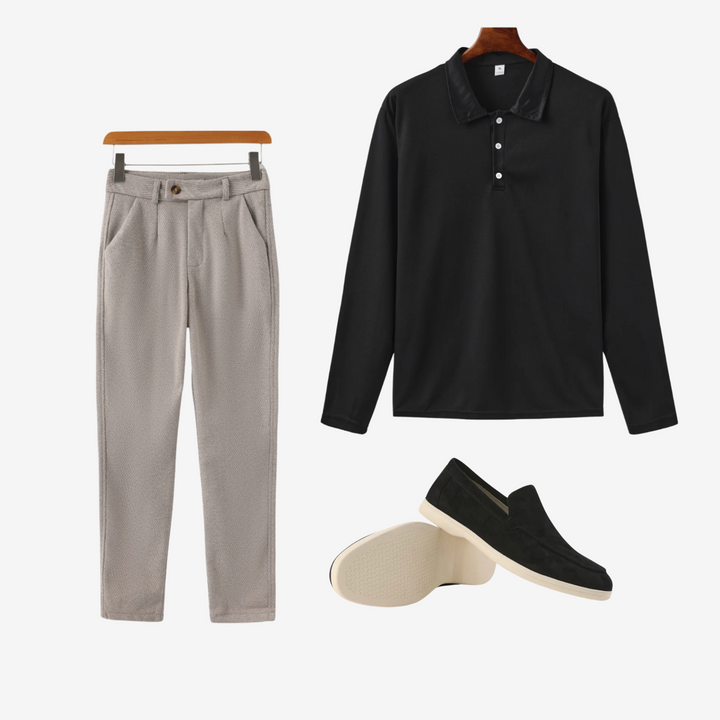 Men’s Coastal Casual Outfit – Polo Shirt, Beige Trousers & Suede Loafers