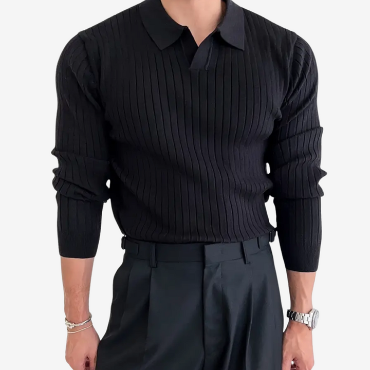 Textured Ribbed Knit Polo Shirt with Open Placket