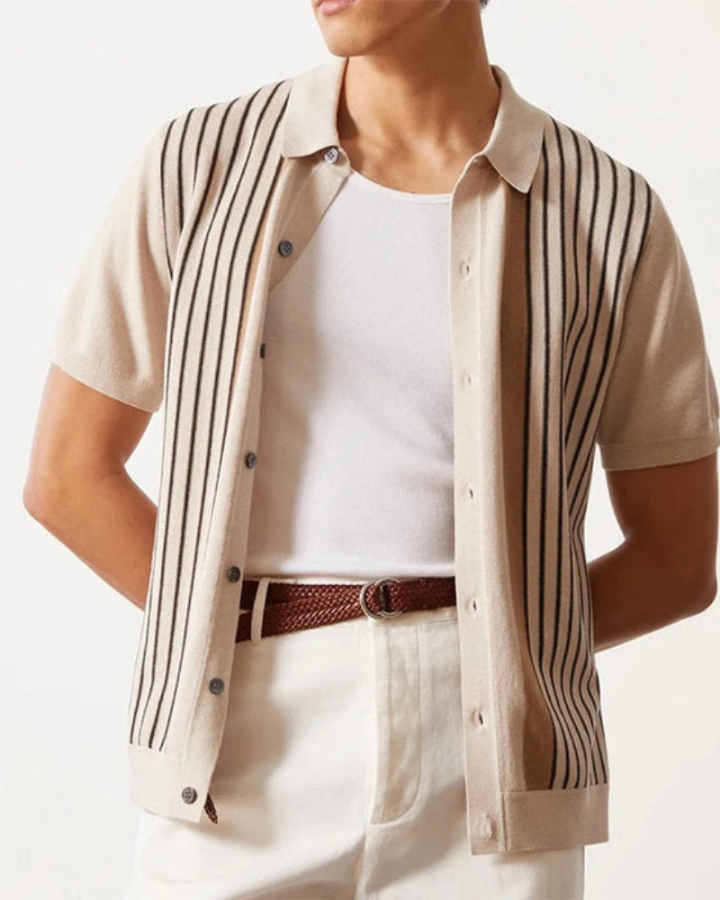 Vertical Stripe Knit Button-Front Polo Shirt