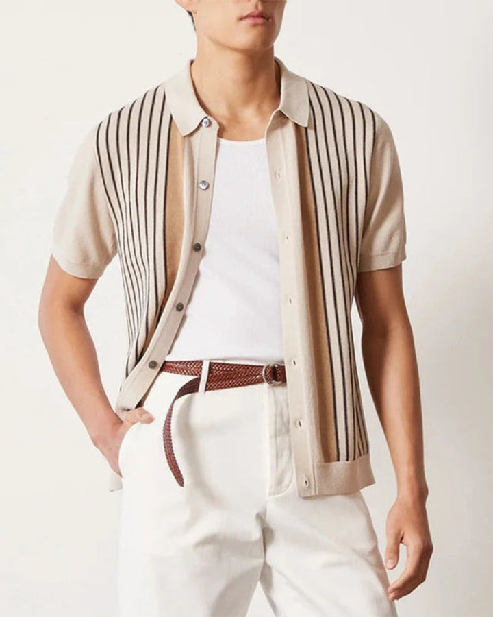 Vertical Stripe Knit Button-Front Polo Shirt