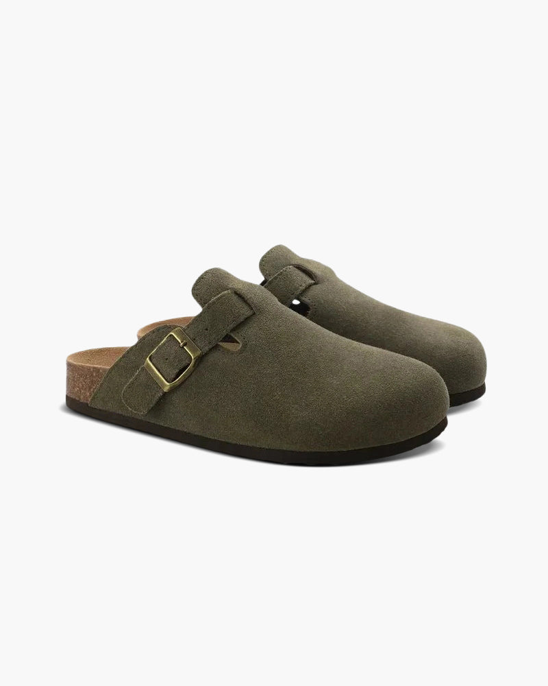 Suede Clogs with Contoured Cork Footbed