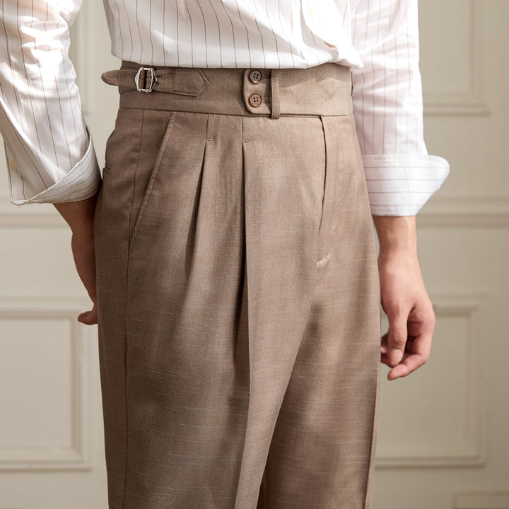 Lightweight Wool Pleated Trousers with Adjustable Waist