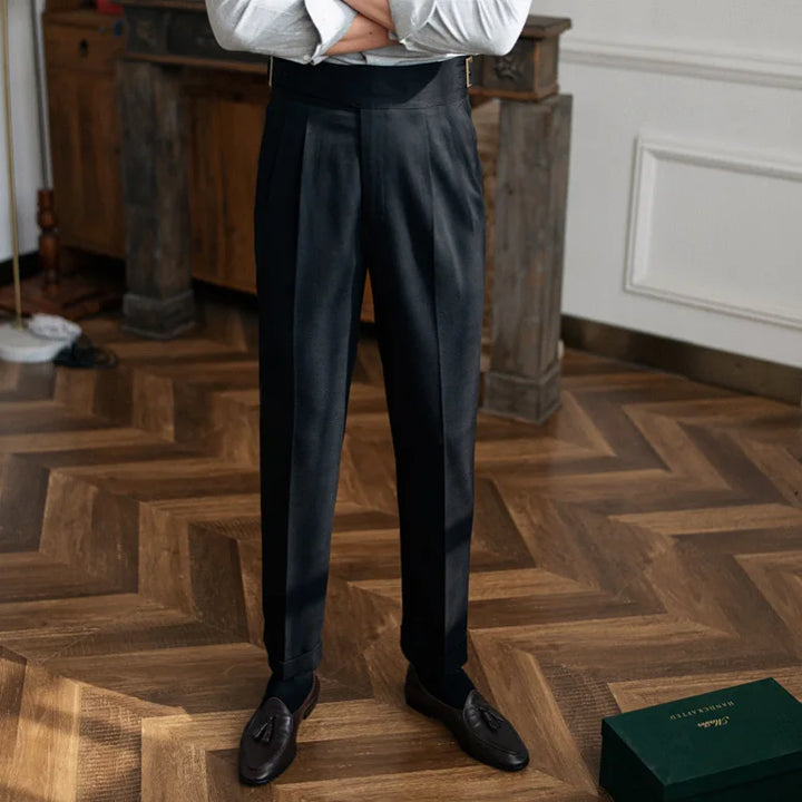 Pleated Wool Blend Trousers with Asymmetric Waistband