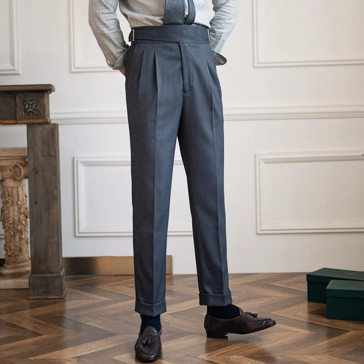 Pleated Wool Blend Trousers with Asymmetric Waistband