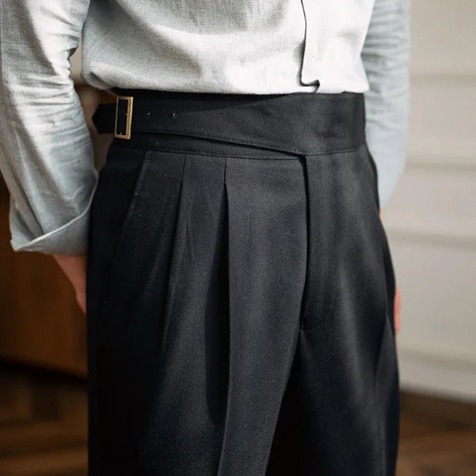Pleated Wool Blend Trousers with Asymmetric Waistband