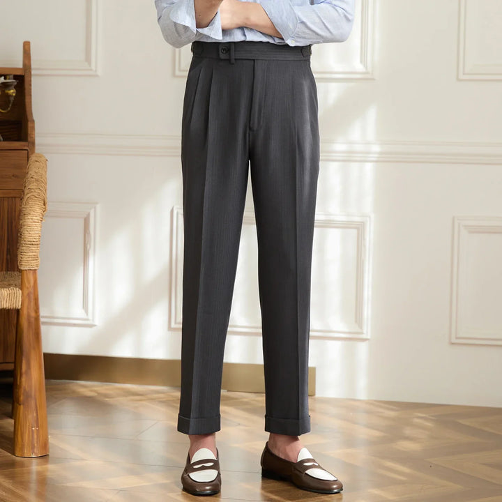 Double-Pleated Tapered Trousers with Adjustable Waist