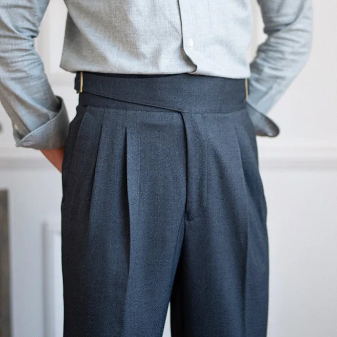 Pleated Wool Blend Trousers with Asymmetric Waistband