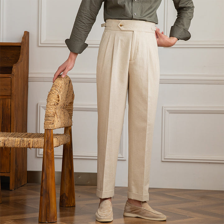 Linen-Cotton Blend Trousers with Adjustable Waist