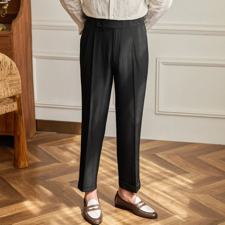 Double-Pleated Tapered Trousers with Adjustable Waist