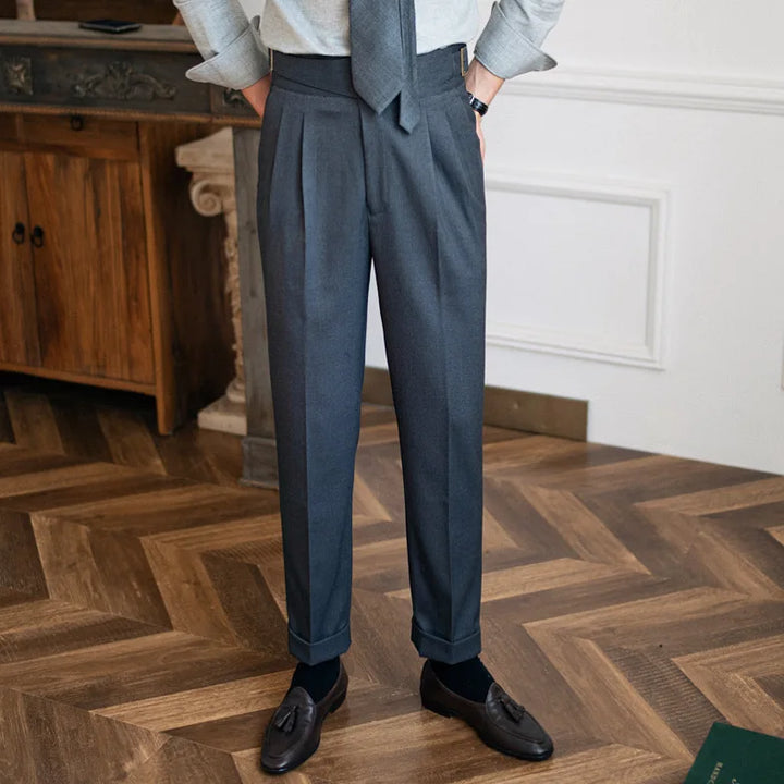 Pleated Wool Blend Trousers with Asymmetric Waistband