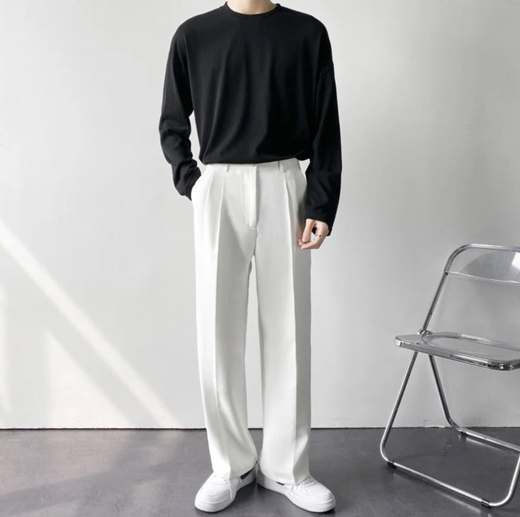 High-Waisted Pleated Straight-Leg Trousers
