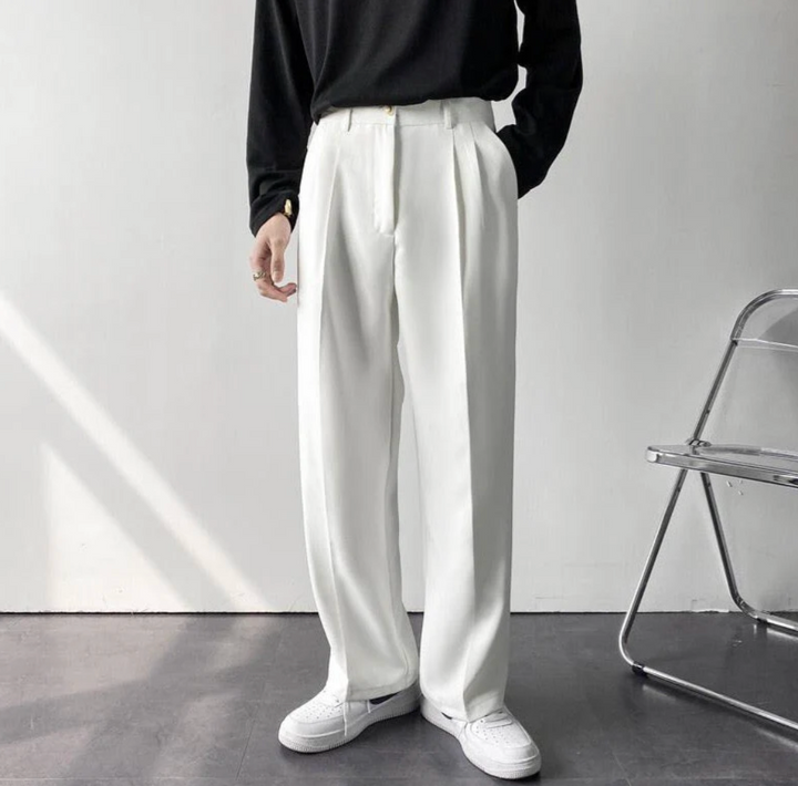 High-Waisted Pleated Straight-Leg Trousers