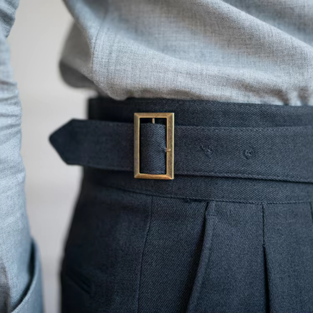 Pleated Wool Blend Trousers with Asymmetric Waistband